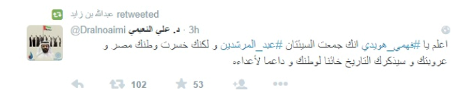 عبد الله بن زايد يعيد تغريدة تنتقد فهمي هويدي ردا على "حروب أبوظبي"