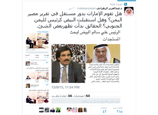 مثقفون سعوديون يحتجون على استقبال قرقاش لرئيس اليمن الجنوبي السابق